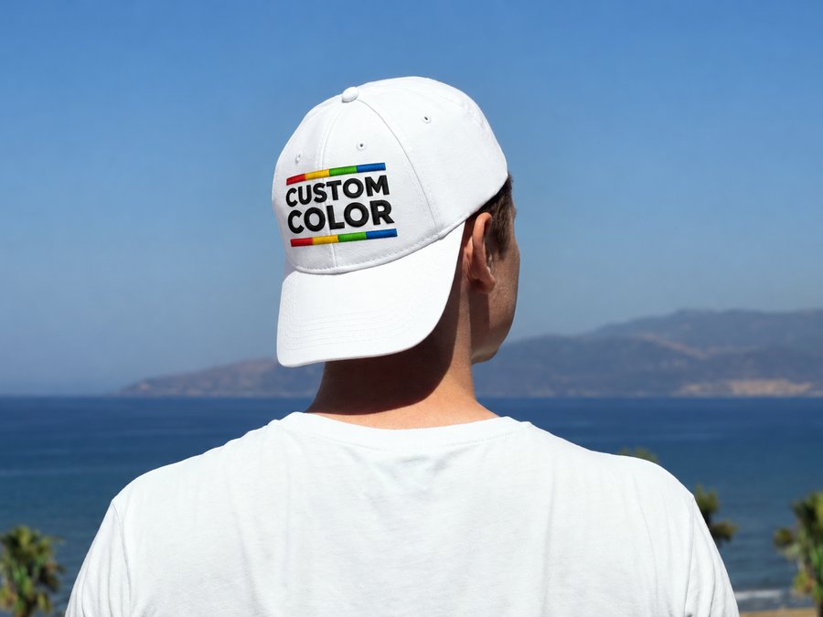 White cap and tee seen from behind, printed with the Custom Color logo, ocean and palms ahead